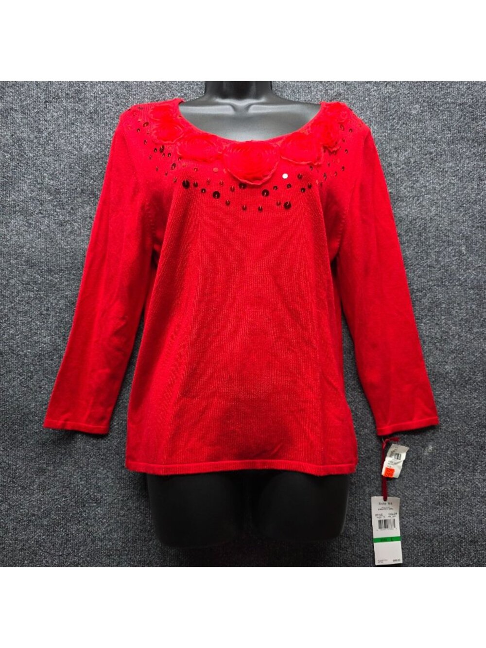 Ruby Rd. Sequin Rosette Knit Top L Red Vibrant Tomato Girl Whimsy Holidays Party